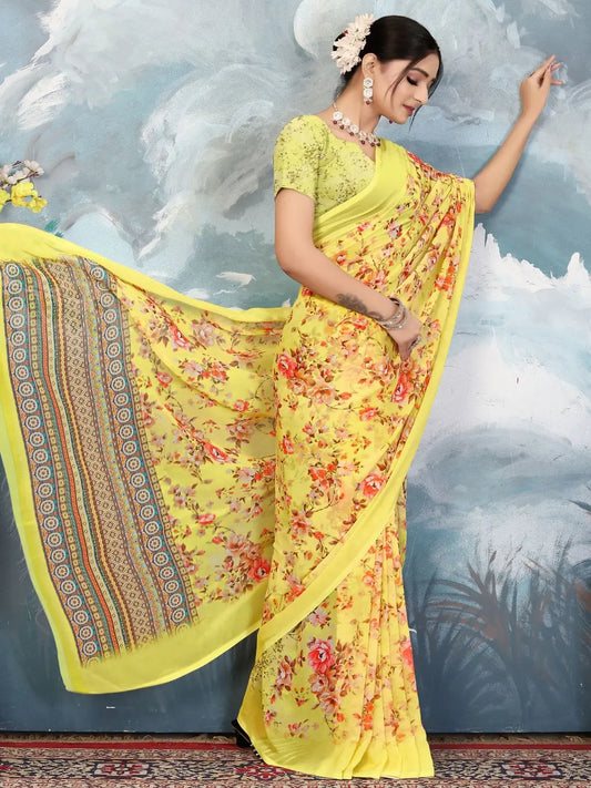 ZAMUNA Yellow Georgette Floral Digital Print Saree with Blouse Piece – Radiant Wedding & Festive Saree