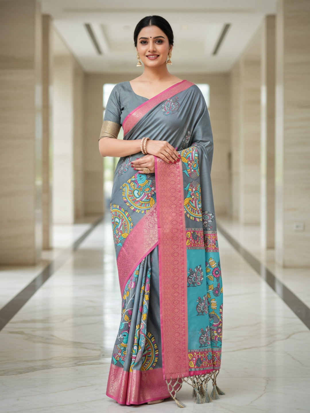 Blue Tussar Silk Saree For Women | Digital Print Party Wear Saree