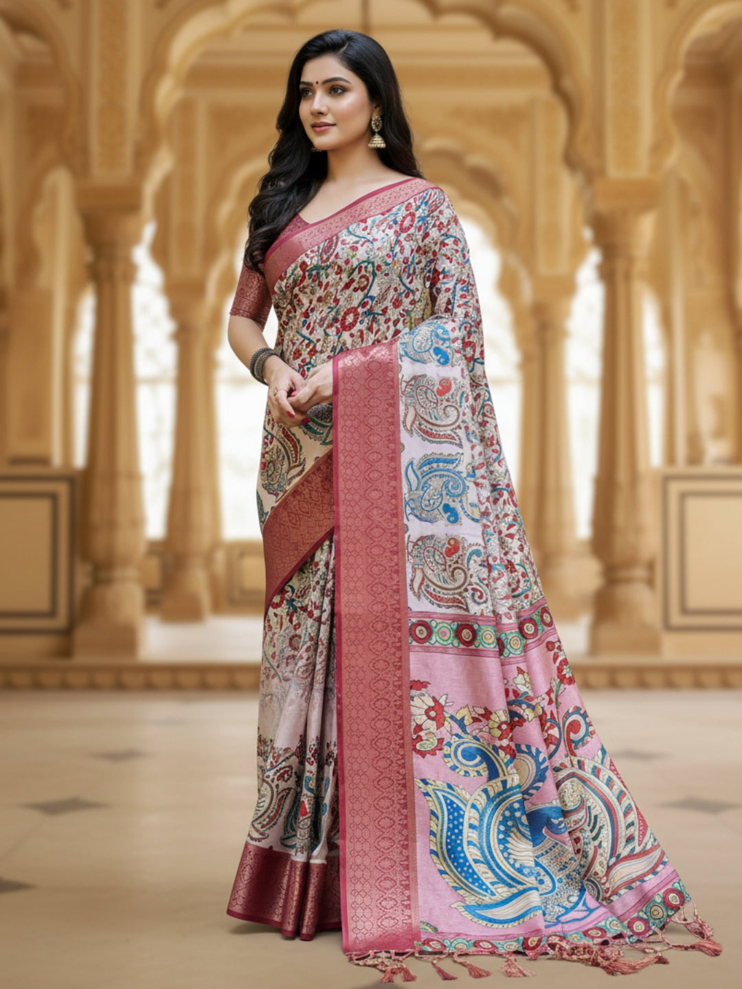 Pink Tussar Silk Saree For Women | Digital Print Party Wear Saree