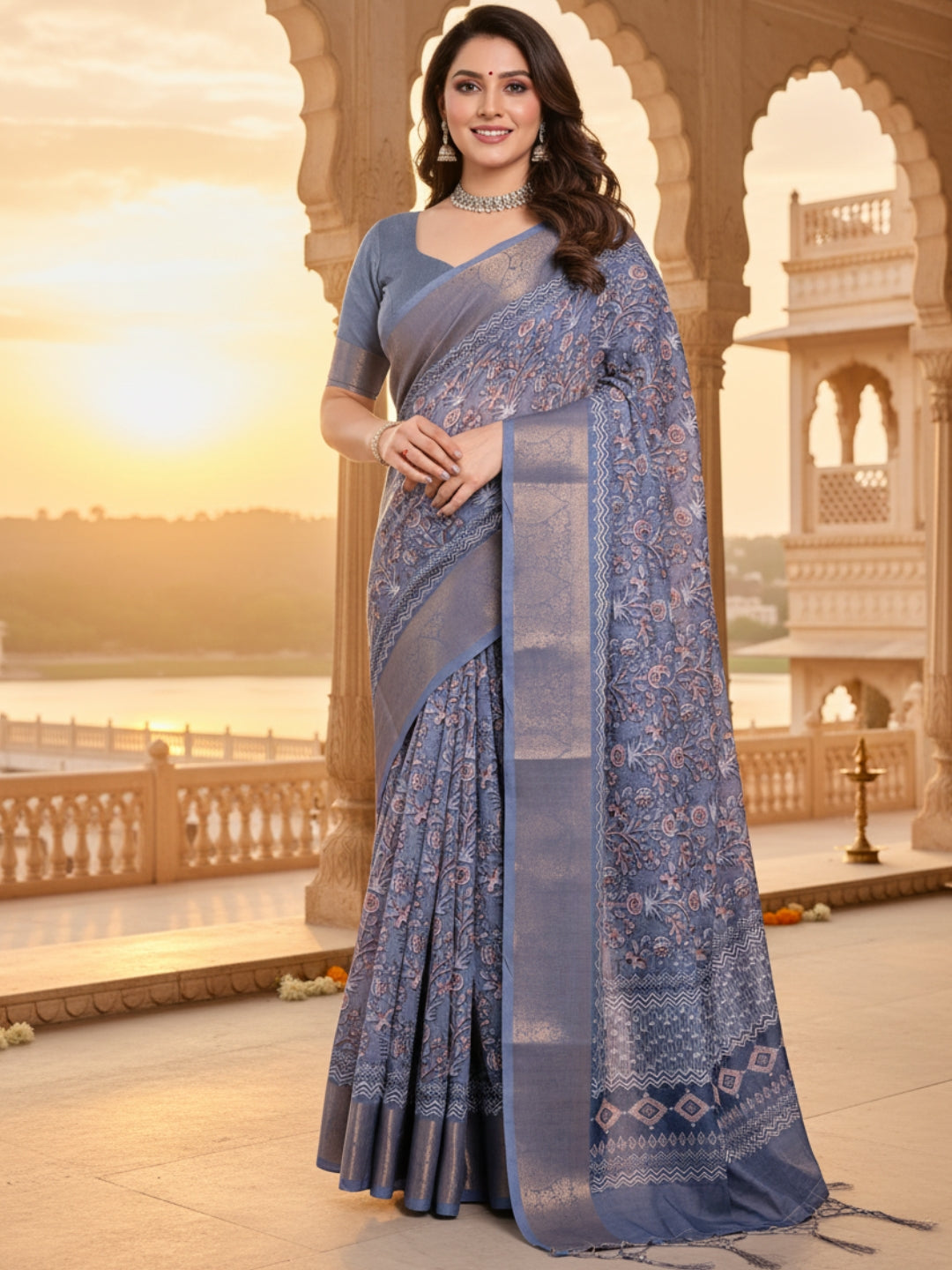 Blue Linen Cotton Saree For Women | Digital Print Party Wear Saree