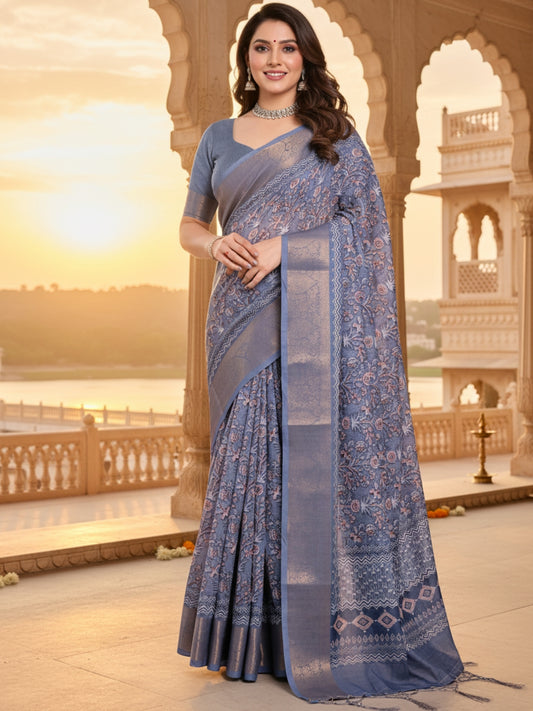 Blue Linen Cotton Saree For Women | Digital Print Party Wear Saree