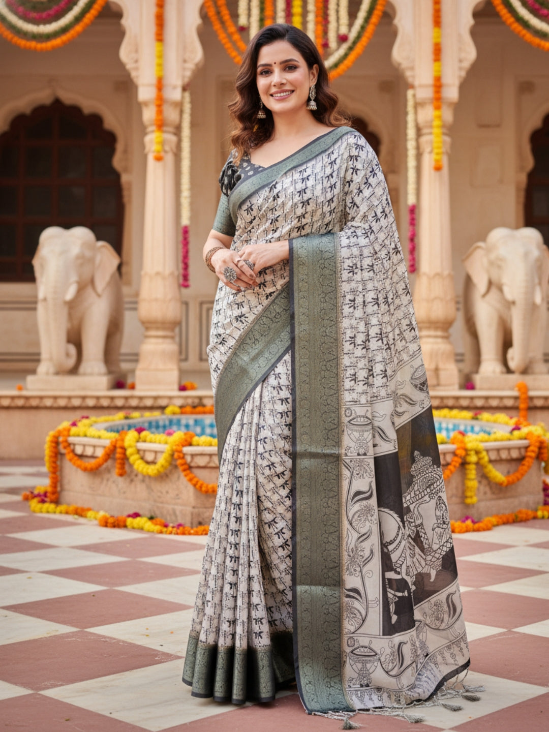 Green  White Tussar Silk Saree For Women | Digital Print Party Wear Saree