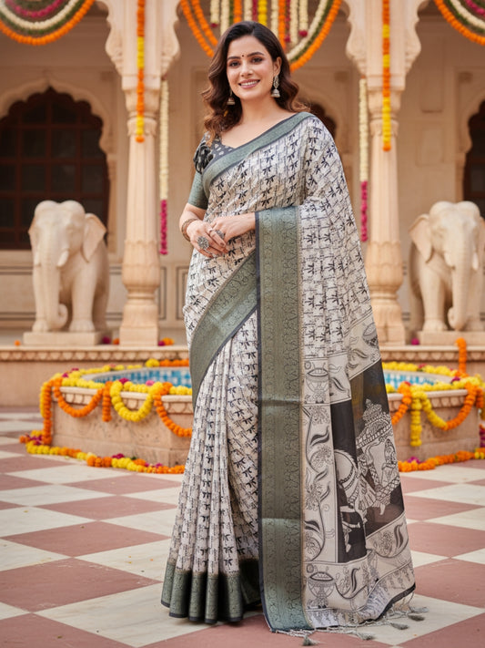 Green  White Tussar Silk Saree For Women | Digital Print Party Wear Saree