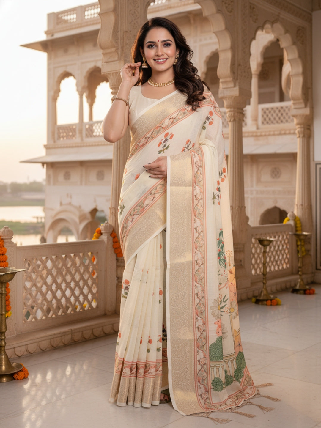 Cream Linen Cotton Saree For Women | Digital Print Party Wear Saree