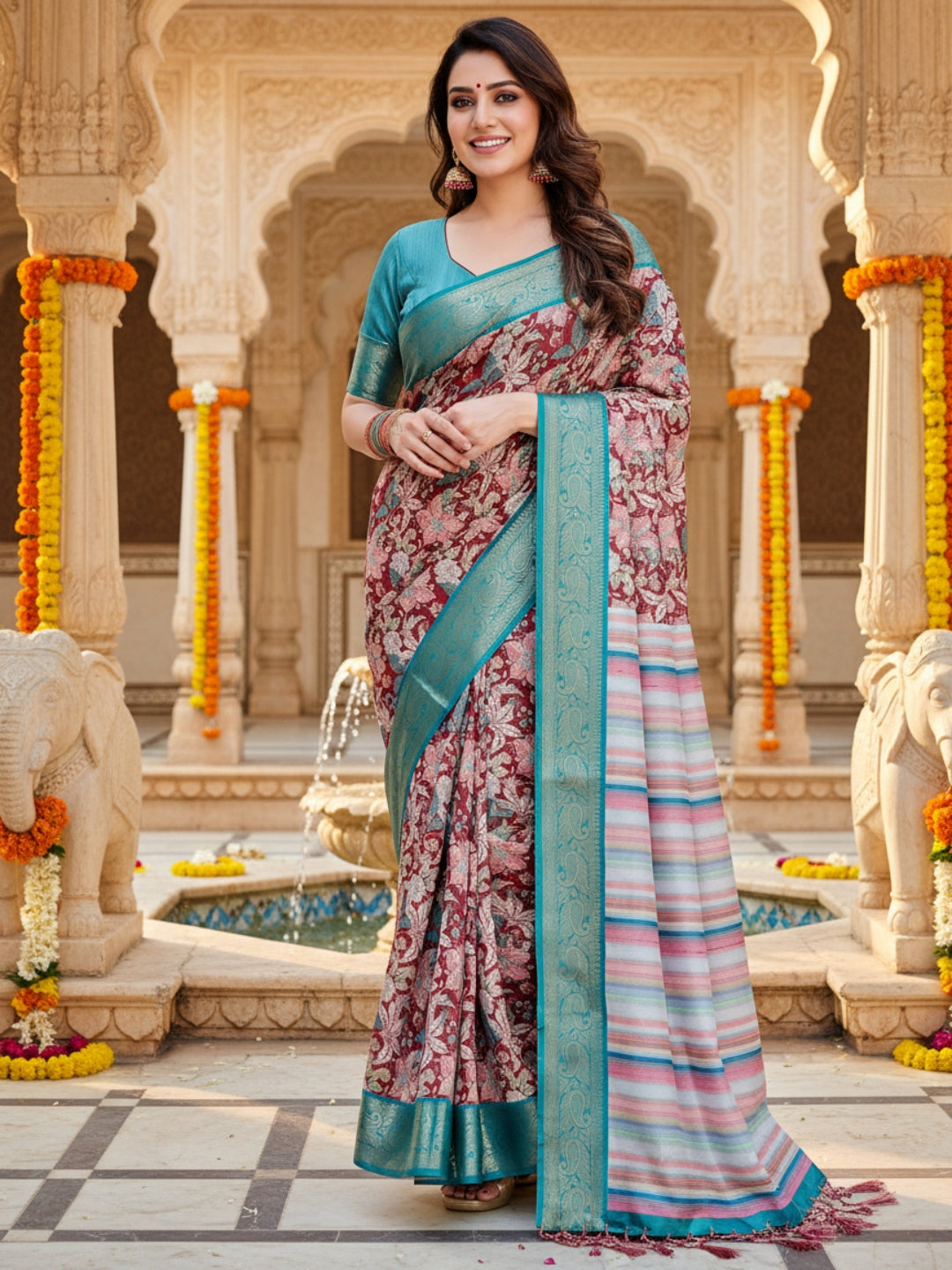 Teal  Brown Tussar Silk Saree For Women | Digital Print Party Wear Saree