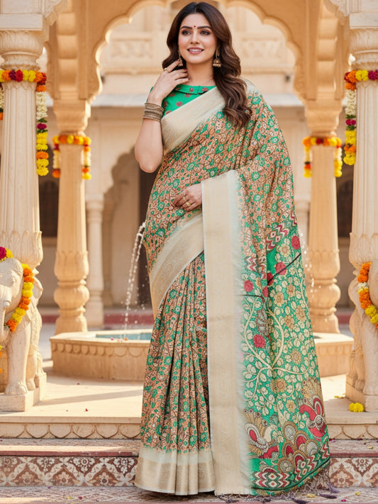 Green  Brown Tussar Silk Saree For Women | Digital Print Party Wear Saree