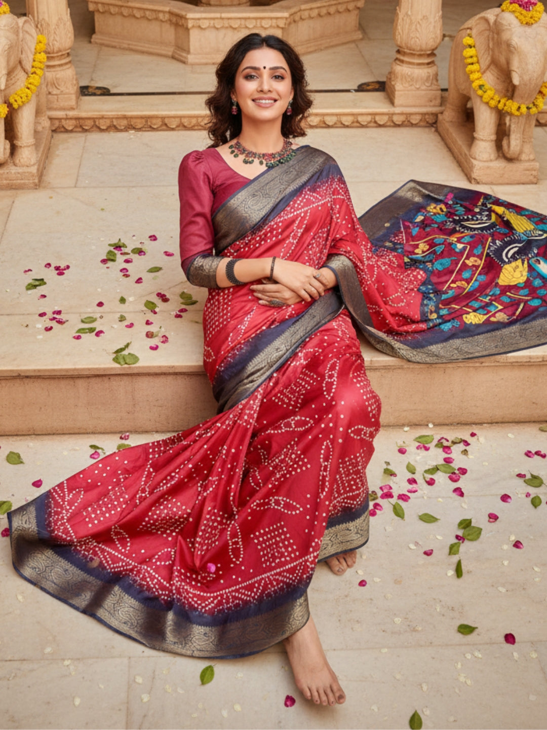 Red Tussar Silk Saree For Women | Digital Print Party Wear Saree