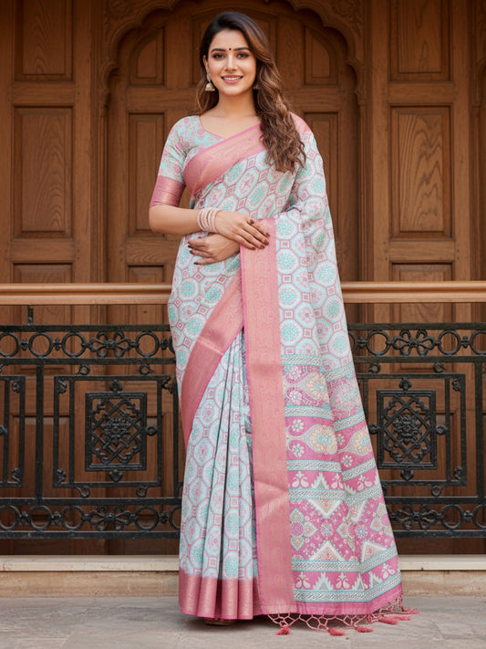 White  Pink Tussar Silk Saree For Women | Digital Print Party Wear Saree