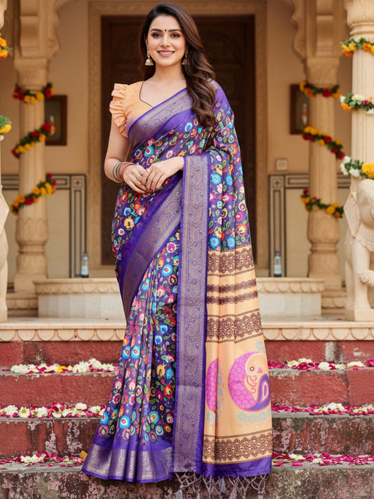 Blue Tussar Silk Saree For Women | Digital Print Party Wear Saree