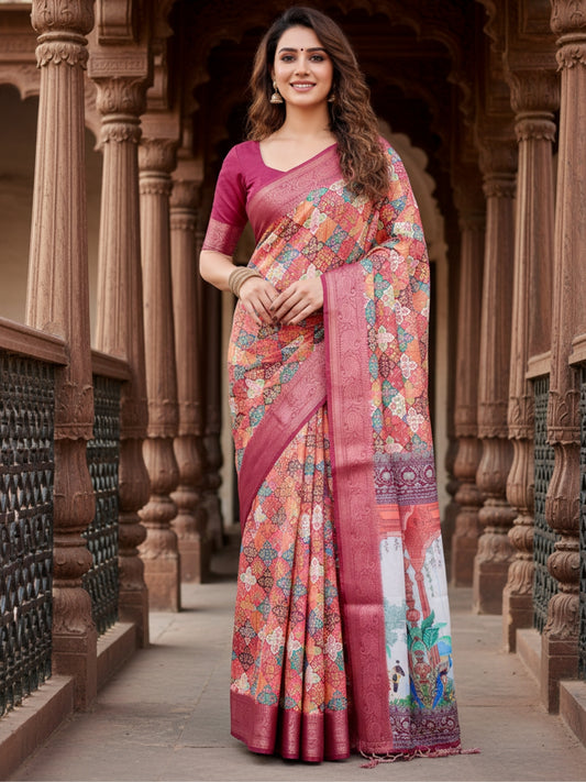 Peach Tussar Silk Saree For Women | Digital Print Party Wear Saree