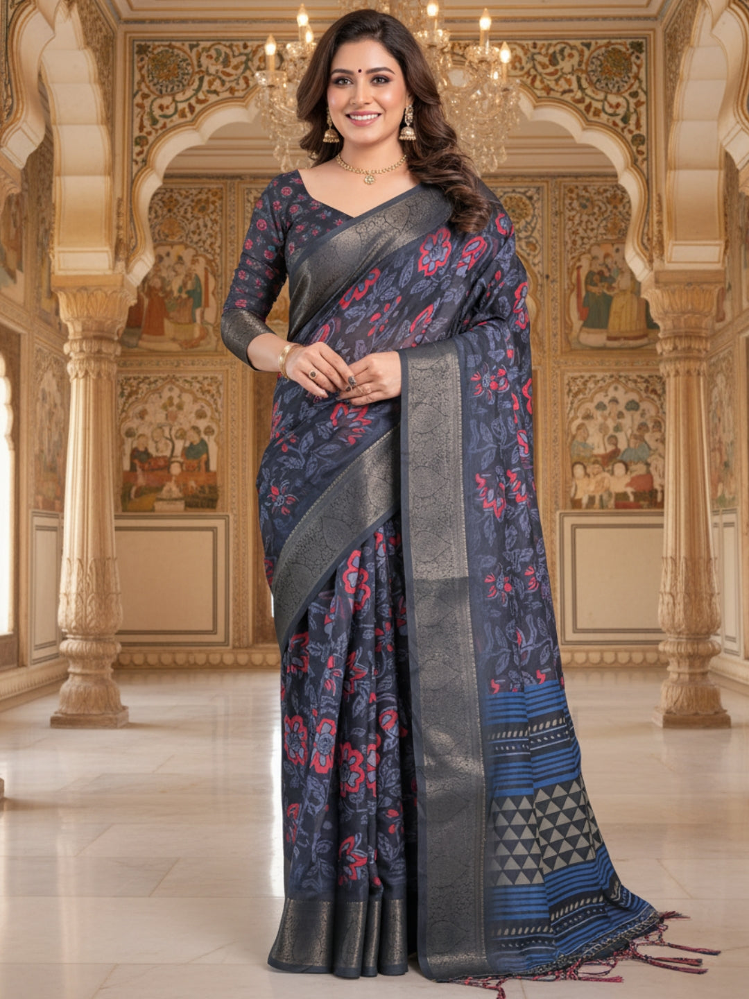 Blue Linen Cotton Saree For Women | Digital Print Party Wear Saree