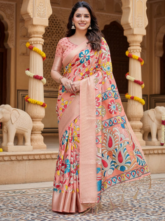 Orange Tussar Silk Saree For Women | Digital Print Party Wear Saree