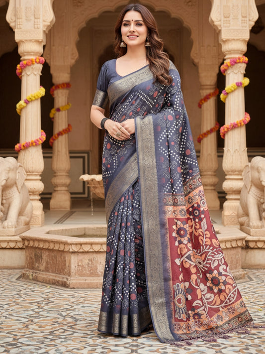 Blue Tussar Silk Saree For Women | Digital Print Party Wear Saree