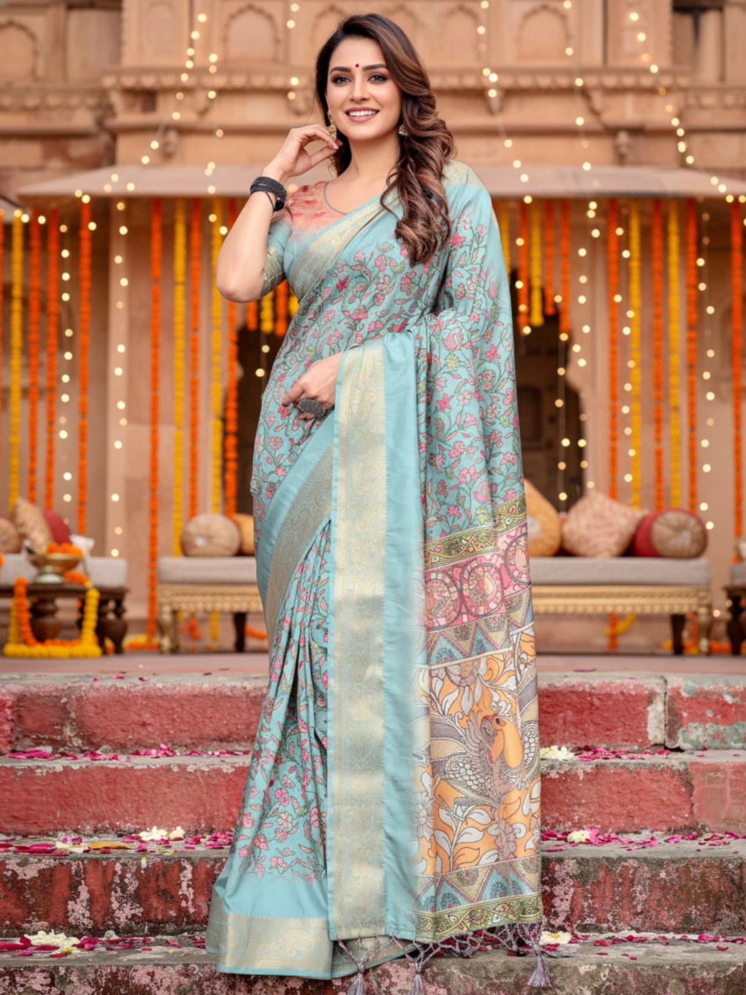 Light Green Tussar Silk Saree For Women | Digital Print Party Wear Saree