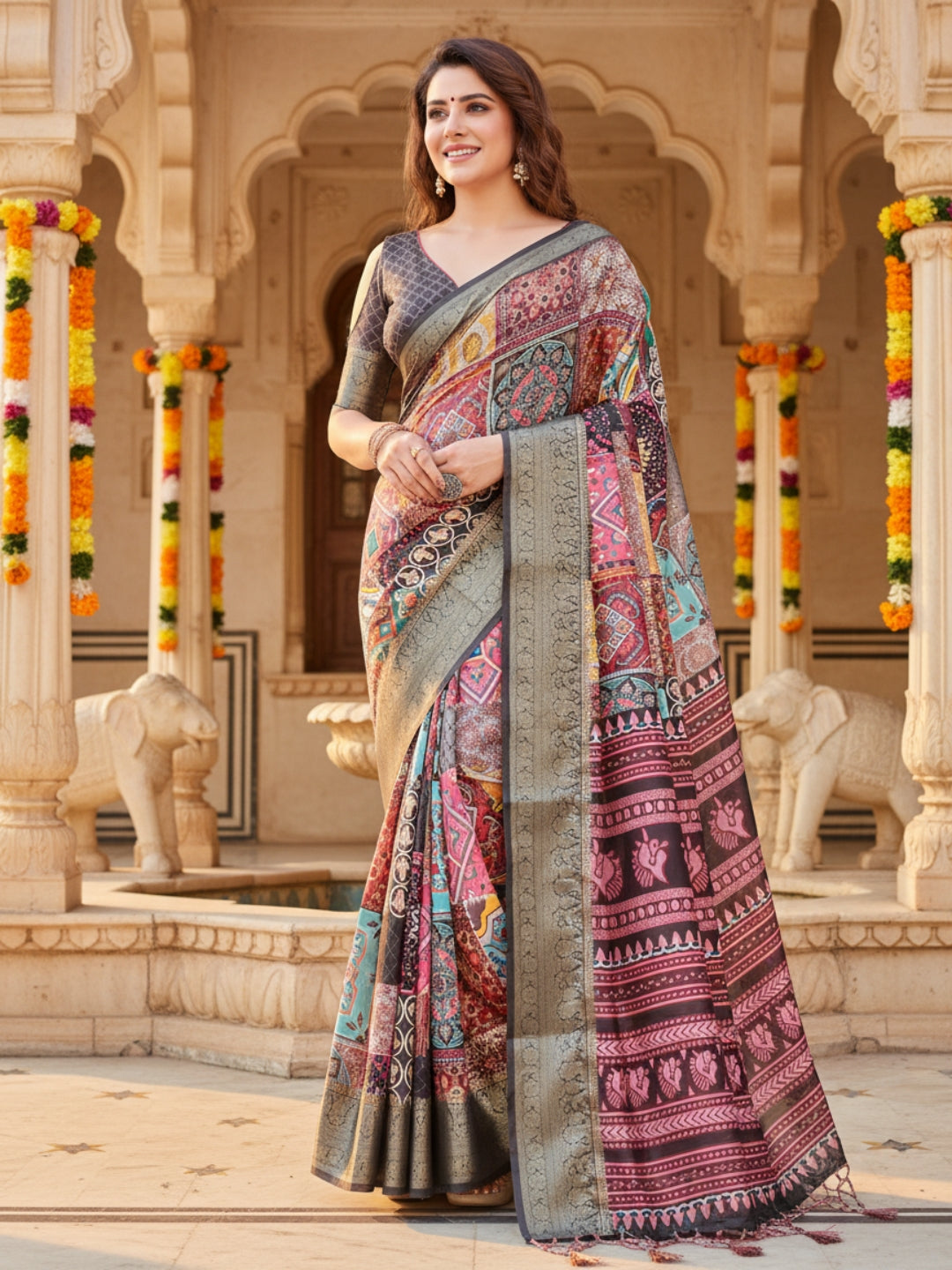 Green  Brown Tussar Silk Saree For Women | Digital Print Party Wear Saree