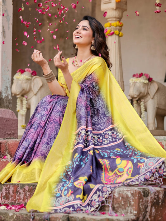 Blue  Yellow Tussar Silk Saree For Women | Digital Print Party Wear Saree