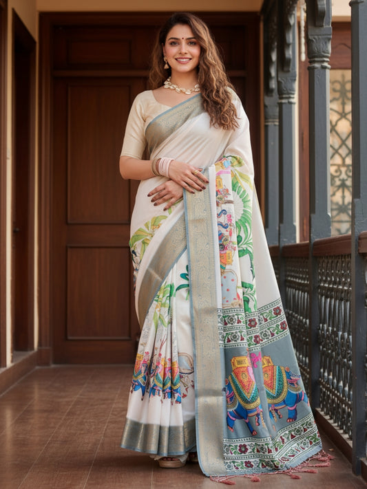 Cream  Light Green Tussar Silk Saree For Women | Digital Print Party Wear Saree