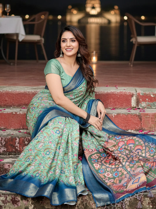 Blue  Green Tussar Silk Saree For Women | Digital Print Party Wear Saree