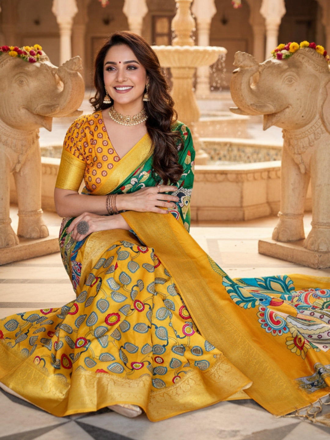 Yellow  Green Tussar Silk Saree For Women | Digital Print Party Wear Saree