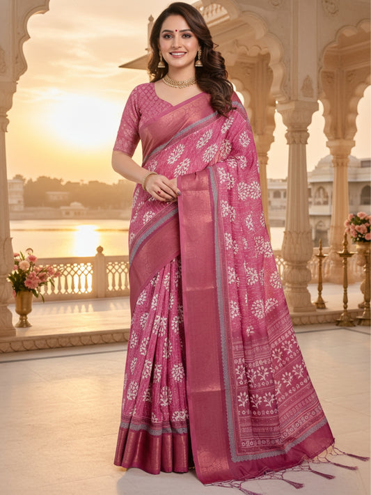 Pink Linen Cotton Saree For Women | Digital Print Party Wear Saree
