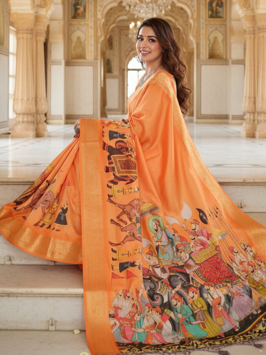 Orange Tussar Silk Saree For Women | Digital Print Party Wear Saree