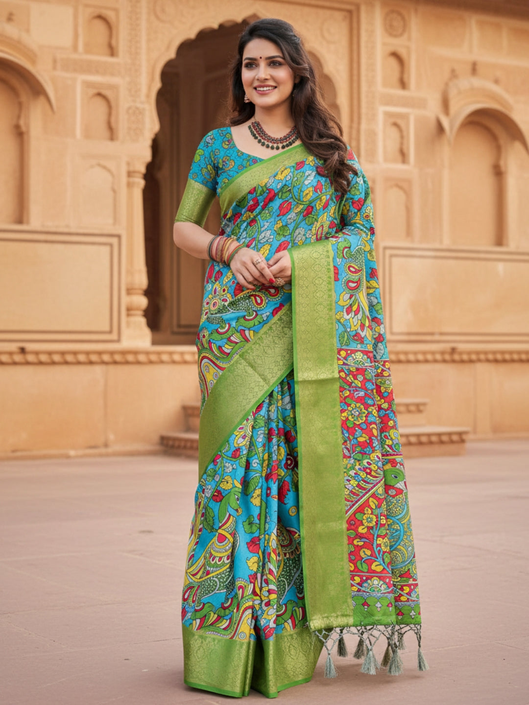 Green Tussar Silk Saree For Women | Digital Print Party Wear Saree