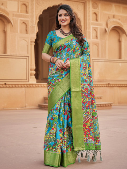 Green Tussar Silk Saree For Women | Digital Print Party Wear Saree
