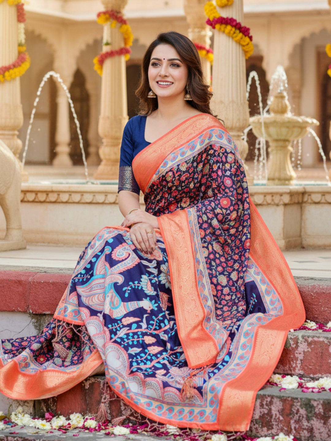 Orange  Blue Tussar Silk Saree For Women | Digital Print Party Wear Saree