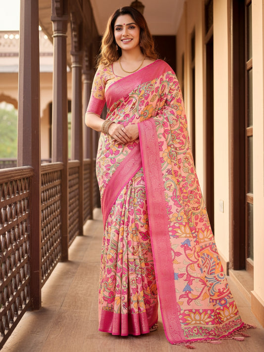 Peach  Orange Tussar Silk Saree For Women | Digital Print Party Wear Saree