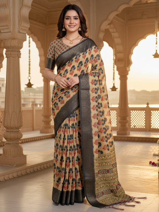 Brown Linen Cotton Saree For Women | Digital Print Party Wear Saree