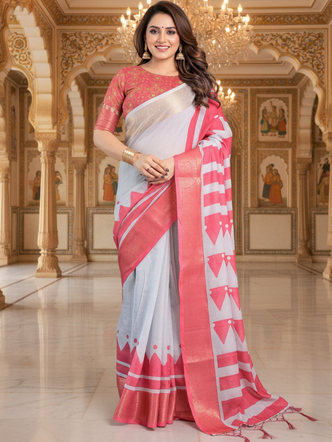 Grey  Pink Linen Cotton Saree For Women | Digital Print Party Wear Saree