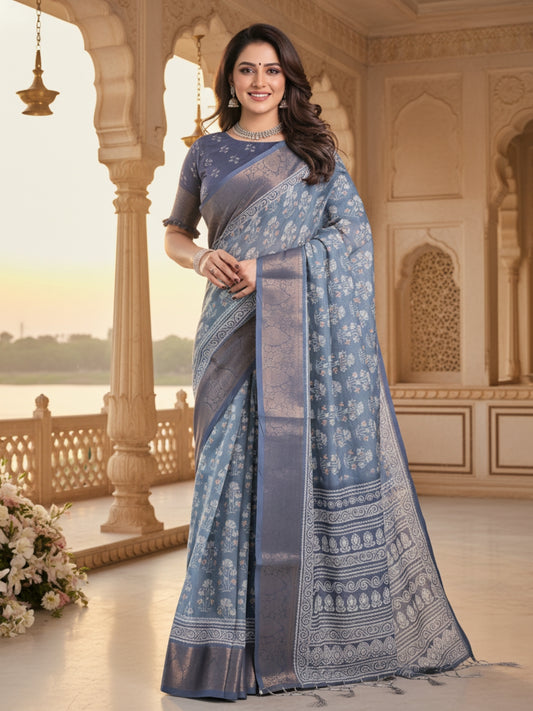 Blue Linen Cotton Saree For Women | Digital Print Party Wear Saree