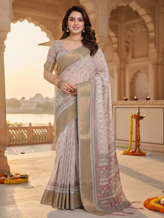 Grey Linen Cotton Saree For Women | Digital Print Party Wear Saree