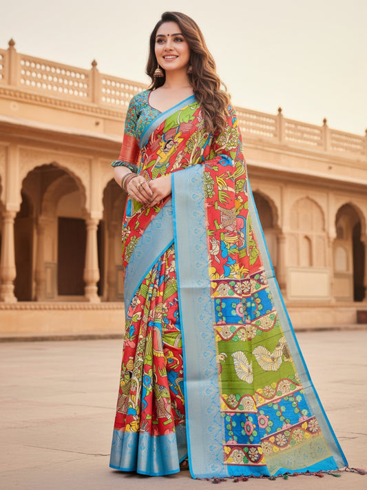 Blue  Red Tussar Silk Saree For Women | Digital Print Party Wear Saree