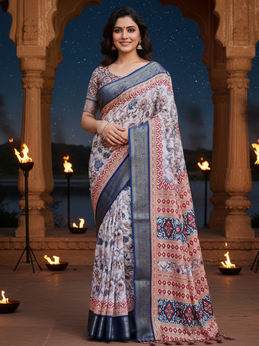 Cream  Red Tussar Silk Saree For Women | Digital Print Party Wear Saree