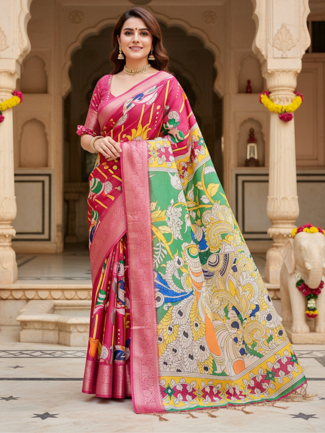 Red Tussar Silk Saree For Women | Digital Print Party Wear Saree