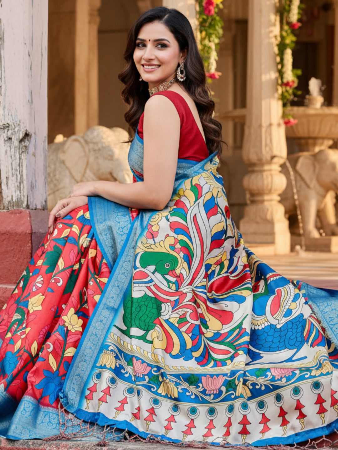 Blue  Red Tussar Silk Saree For Women | Digital Print Party Wear Saree