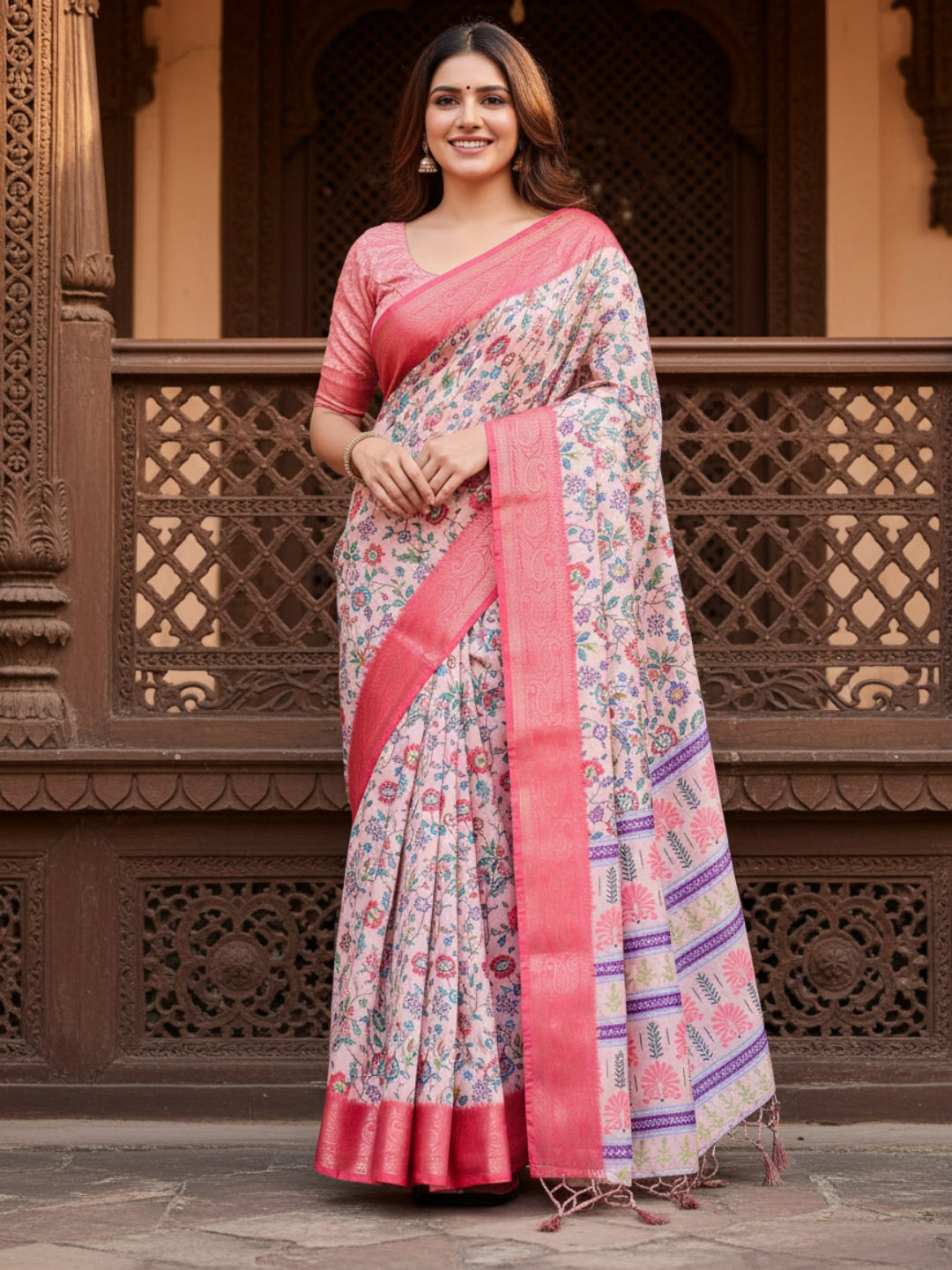 Peach  Pink Tussar Silk Saree For Women | Digital Print Party Wear Saree