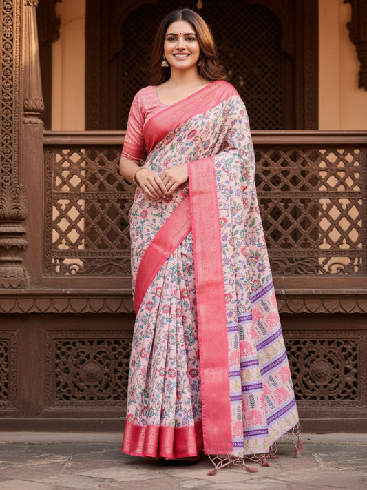 Peach  Pink Tussar Silk Saree For Women | Digital Print Party Wear Saree