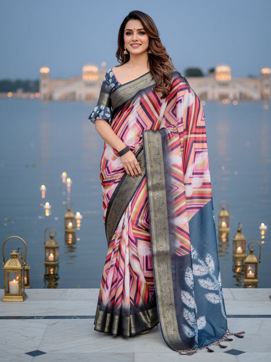 Cream  Grey Tussar Silk Saree For Women | Digital Print Party Wear Saree