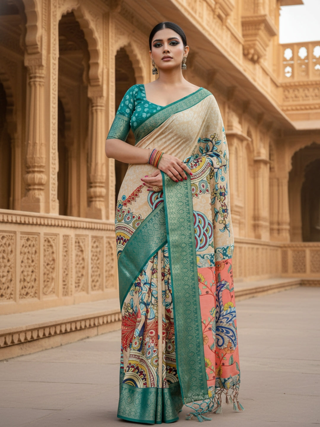 Teal  Orange Tussar Silk Saree For Women | Digital Print Party Wear Saree