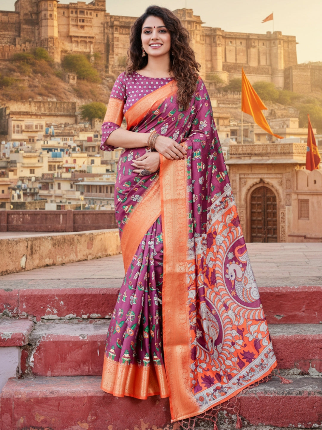Orange  Magenta Tussar Silk Saree For Women | Digital Print Party Wear Saree