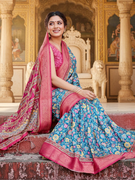 Blue  Pink Tussar Silk Saree For Women | Digital Print Party Wear Saree