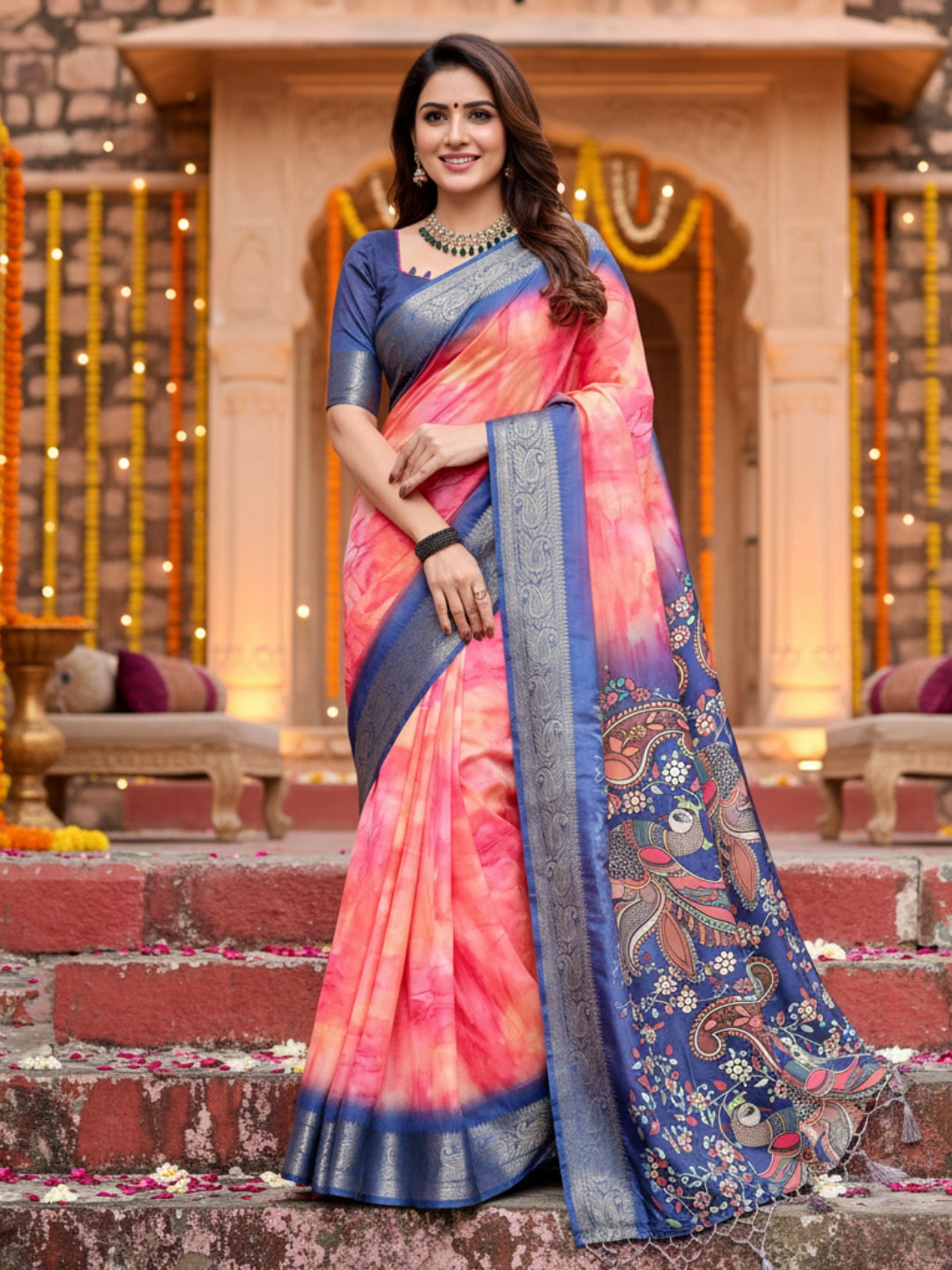 Blue  Red Tussar Silk Saree For Women | Digital Print Party Wear Saree