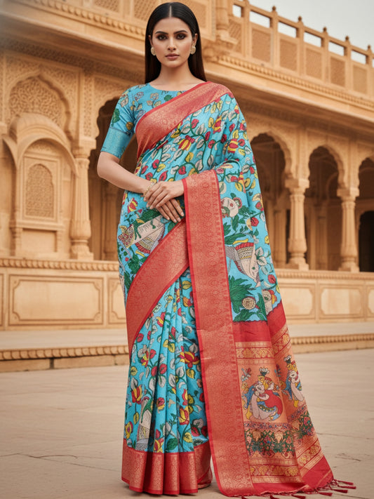 Green Tussar Silk Saree For Women | Digital Print Party Wear Saree
