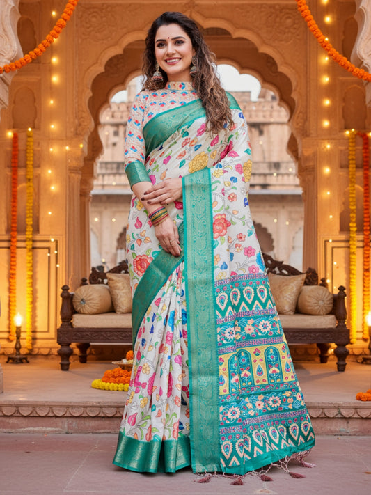 Cream  Light Green Tussar Silk Saree For Women | Digital Print Party Wear Saree