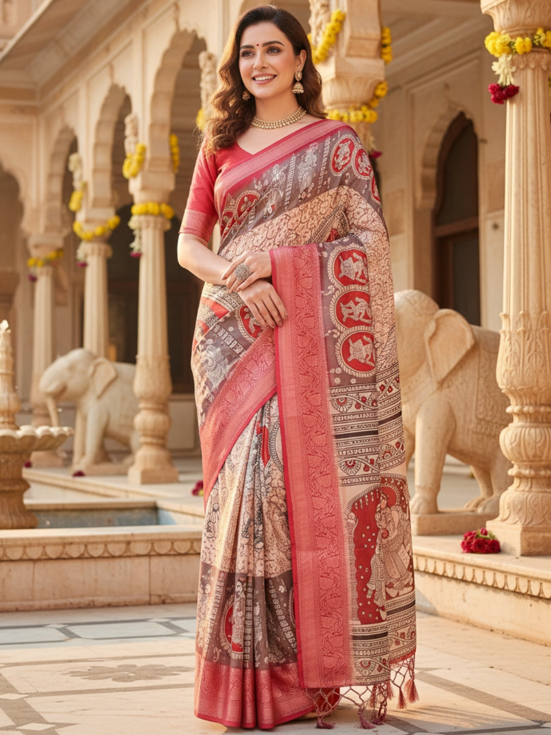 Red  Grey Tussar Silk Saree For Women | Digital Print Party Wear Saree
