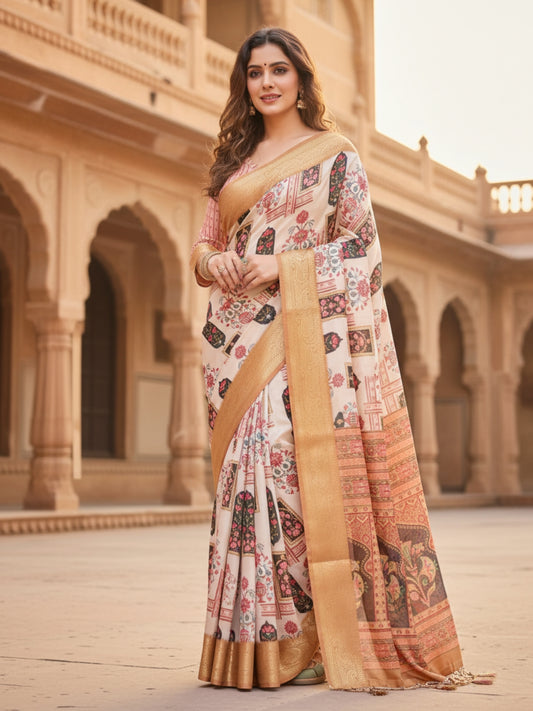 Cream Orange Tussar Silk Saree For Women | Digital Print Party Wear Saree