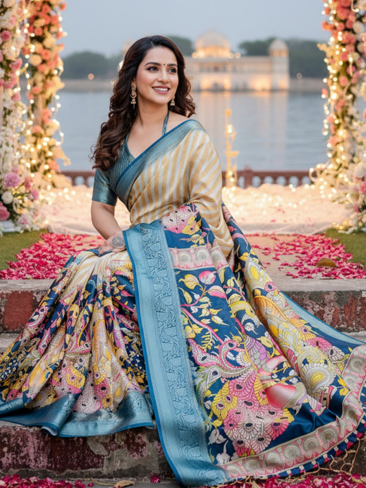 Blue  Orange Tussar Silk Saree For Women | Digital Print Party Wear Saree