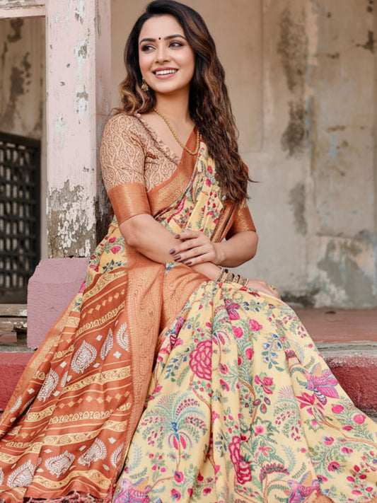 Orange Tussar Silk Saree For Women | Digital Print Party Wear Saree